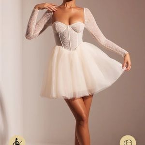Oh Polly CALLIOPE Embellished Long Sleeve Tulle Skirt Mini Dress in ivory